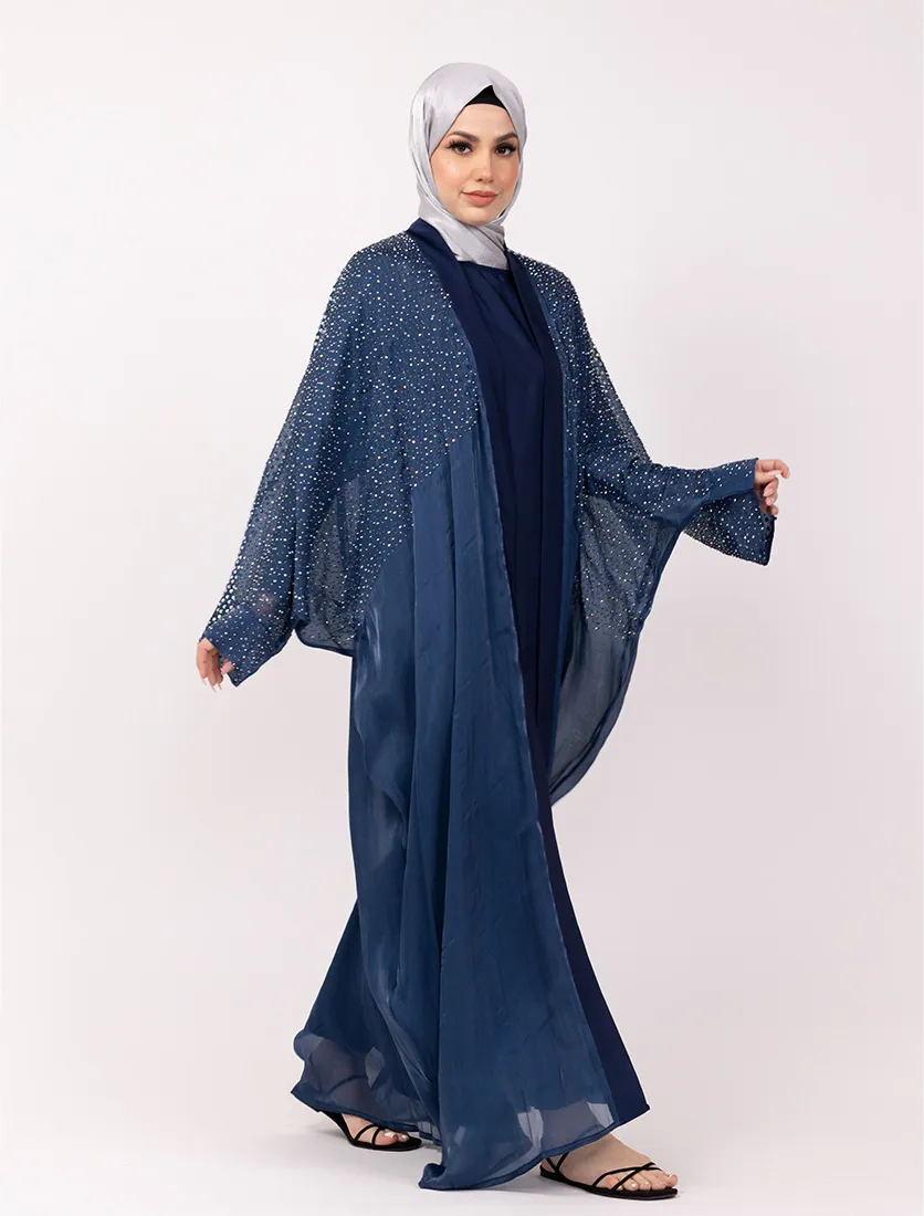 Navy Sparkle Crystal Embellished Sheer Overlay Abaya